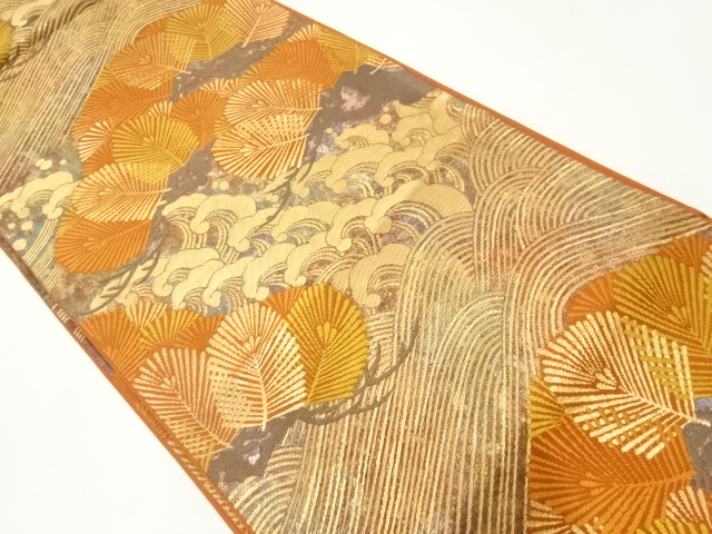 JAPANESE FUKURO OBI / WOVEN PINE & ROUGH WAVE